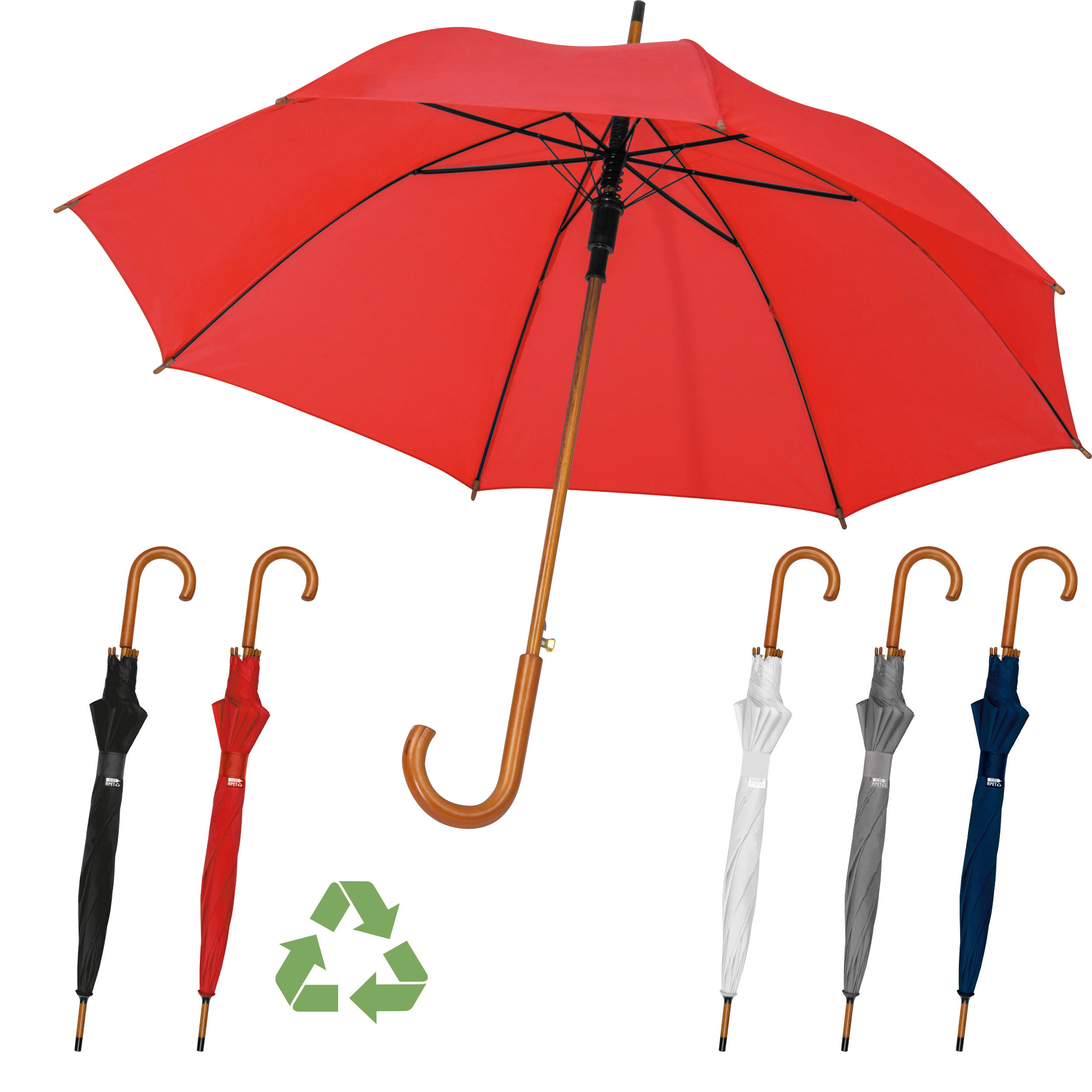 Parapluie automatique avec poignée en bois et tiges en fibre de verre