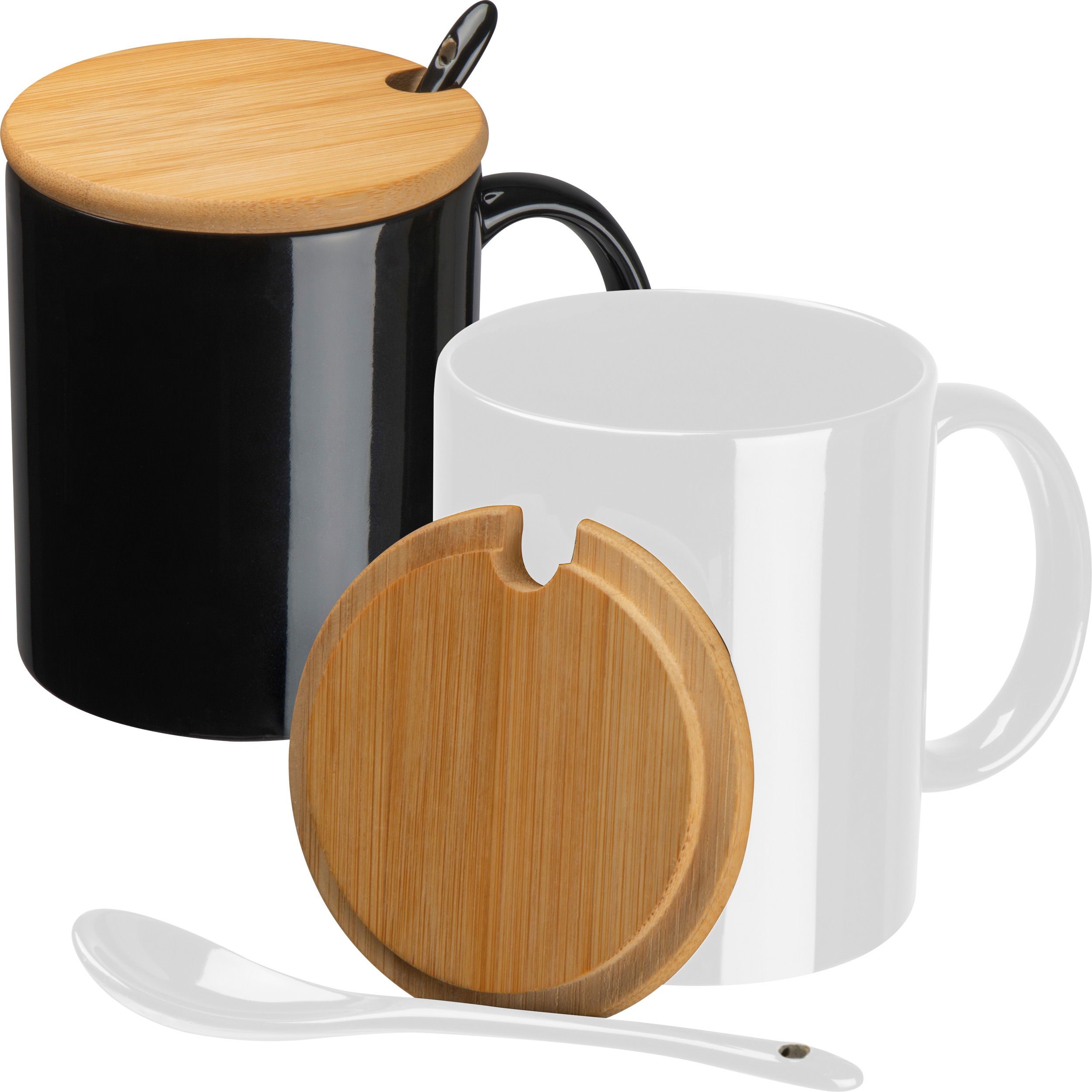Tasse en céramique avec cuillère et couvercle en bambou