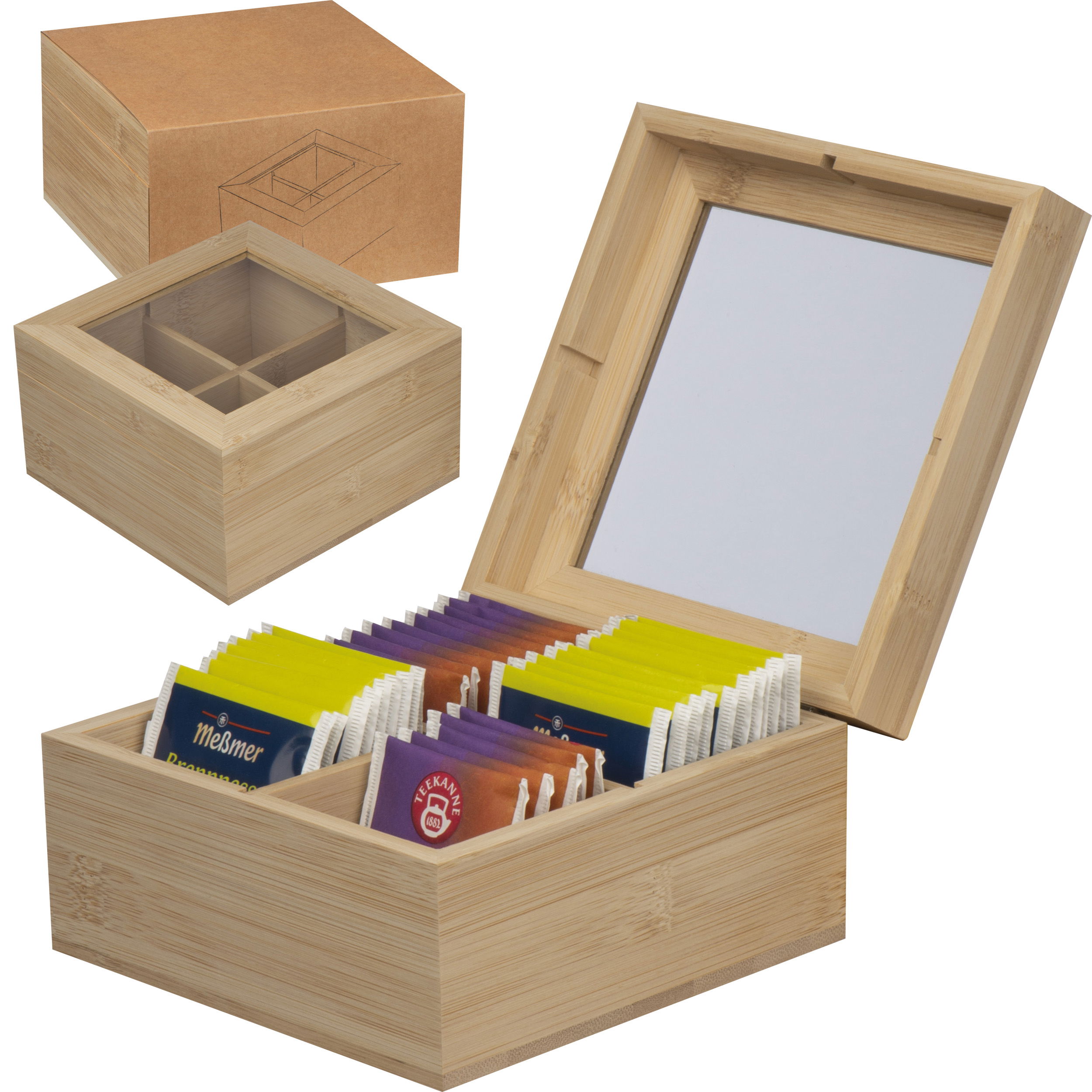 Caja de té de madera con tapa de vidrio