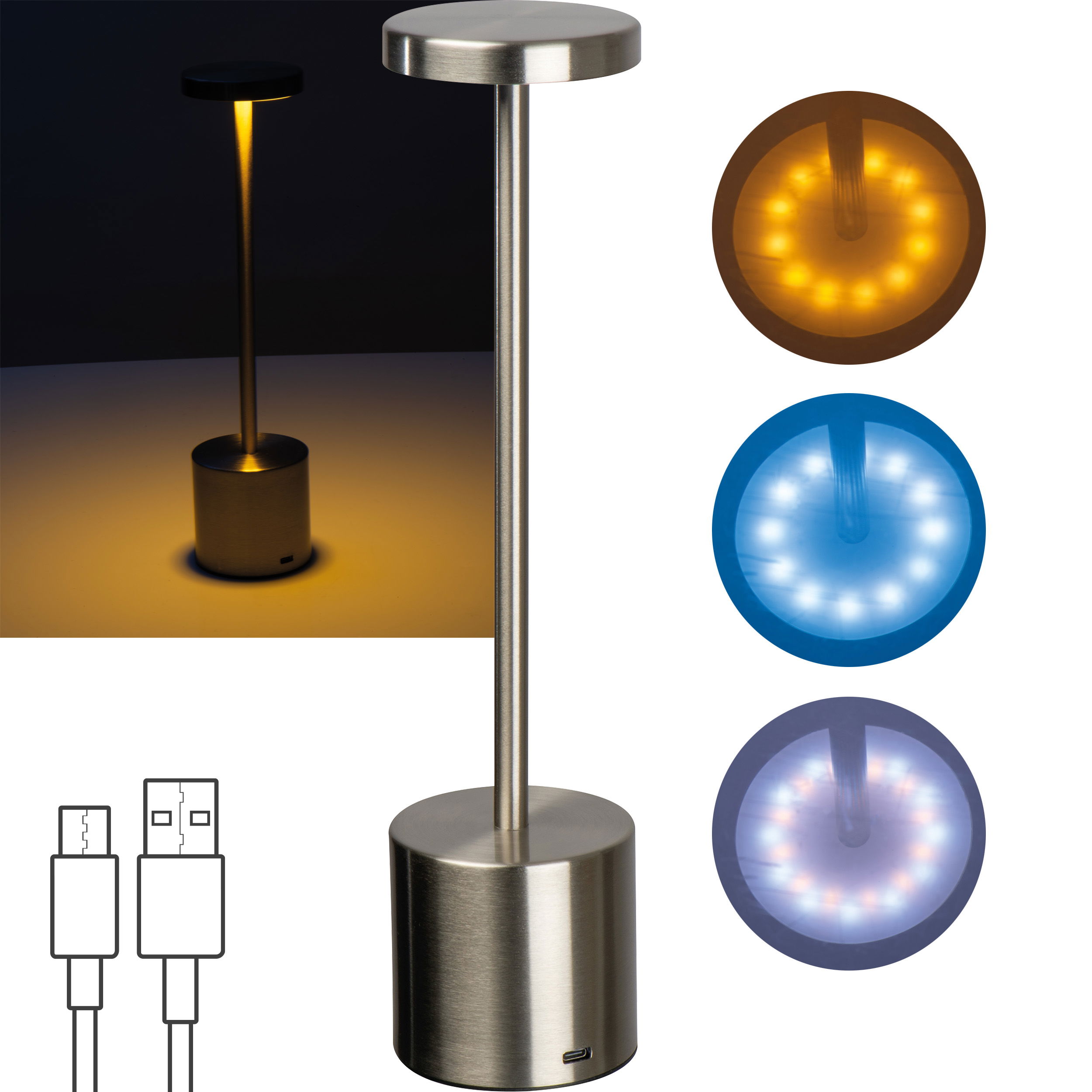 Lampe de table en acier inoxydable avec batterie