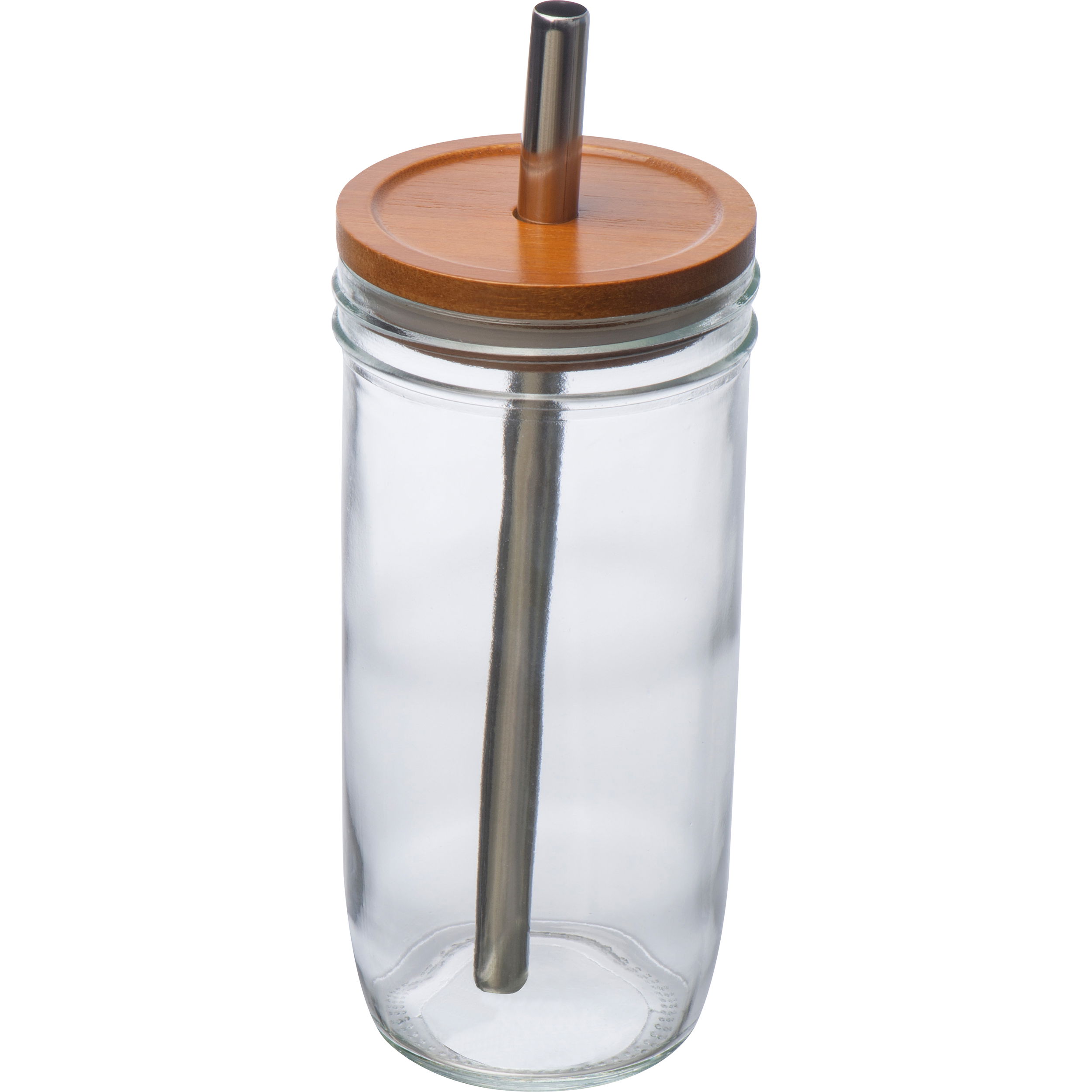 Taza de cristal con tapa de bambú y pajita