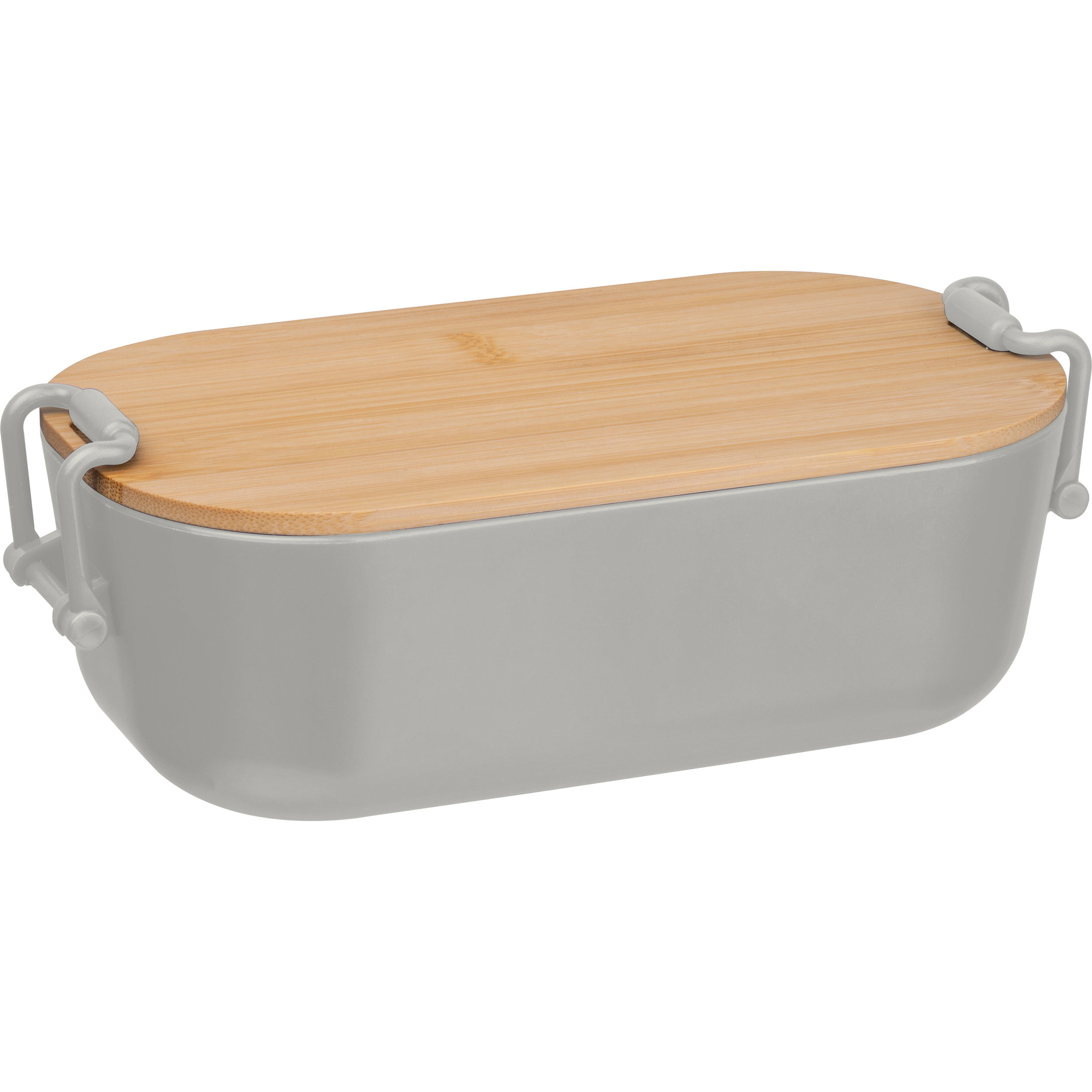 Lunchbox with bamboo lid and clamp closure.