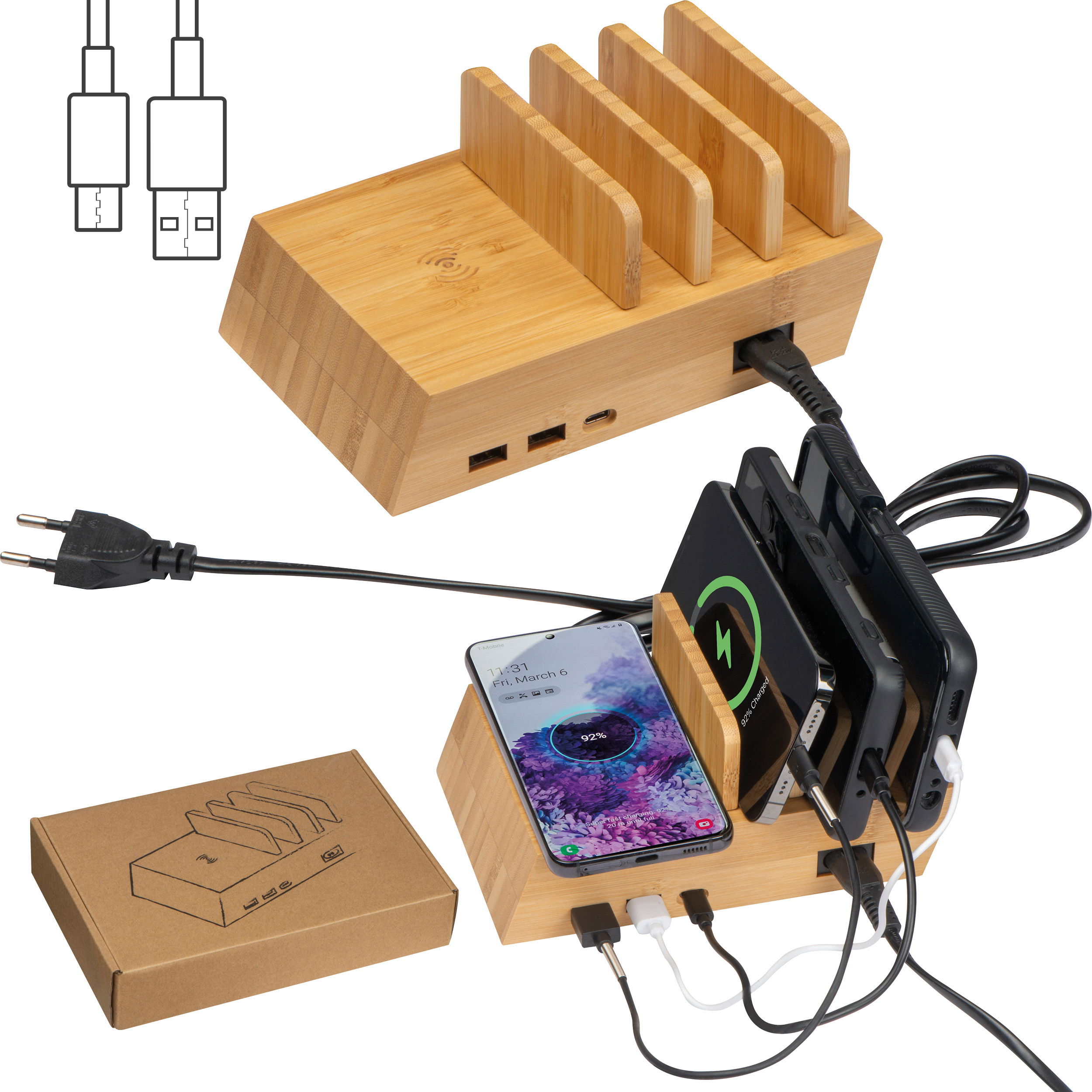 Station de charge sans fil avec 2 ports USB et un port USB-C