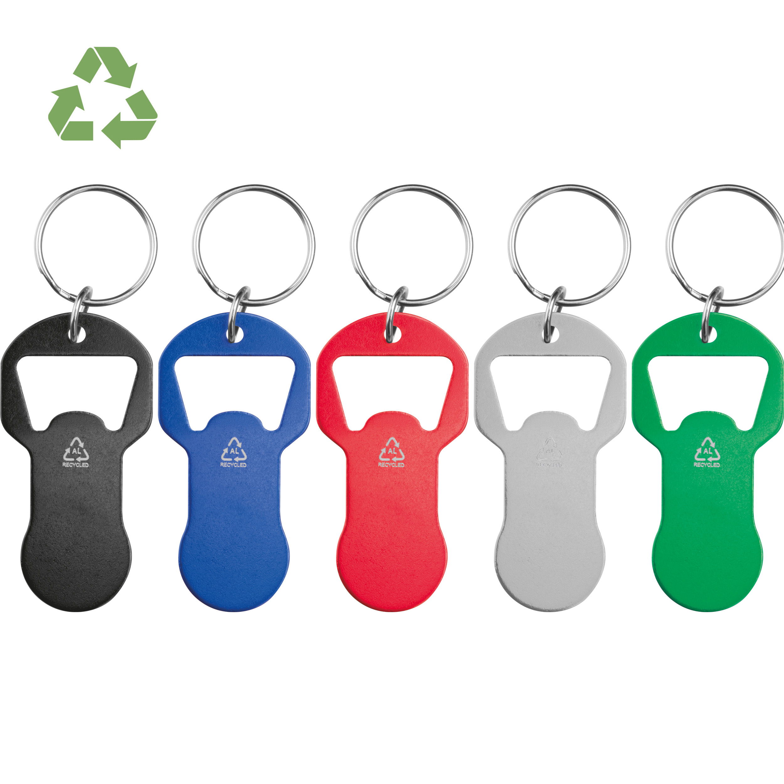 Recycelter Alu Schlüsselanhänger mit Einkaufswagenlöser und Flaschenöffner OLIVER