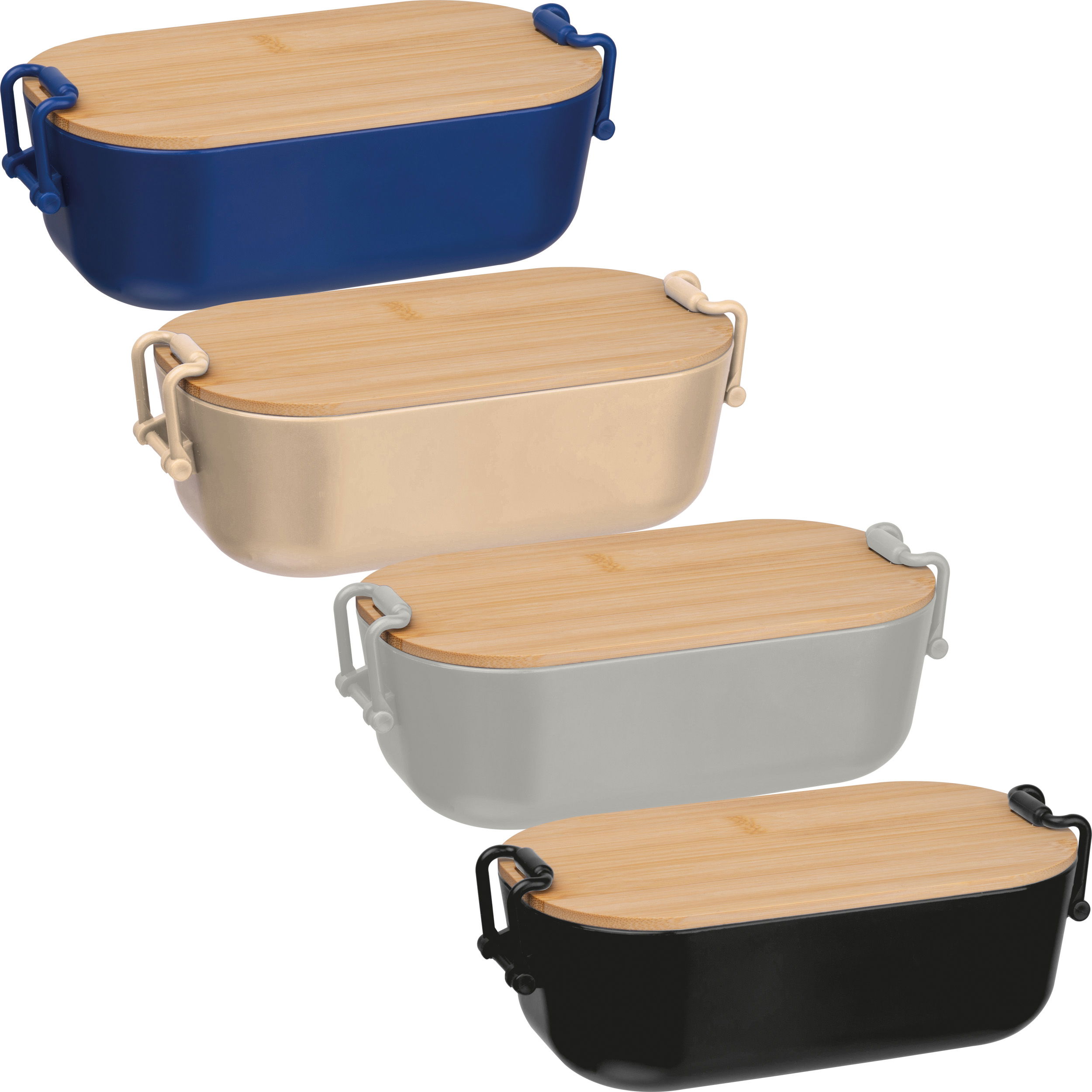 Lunchbox with bamboo lid and clamp closure.