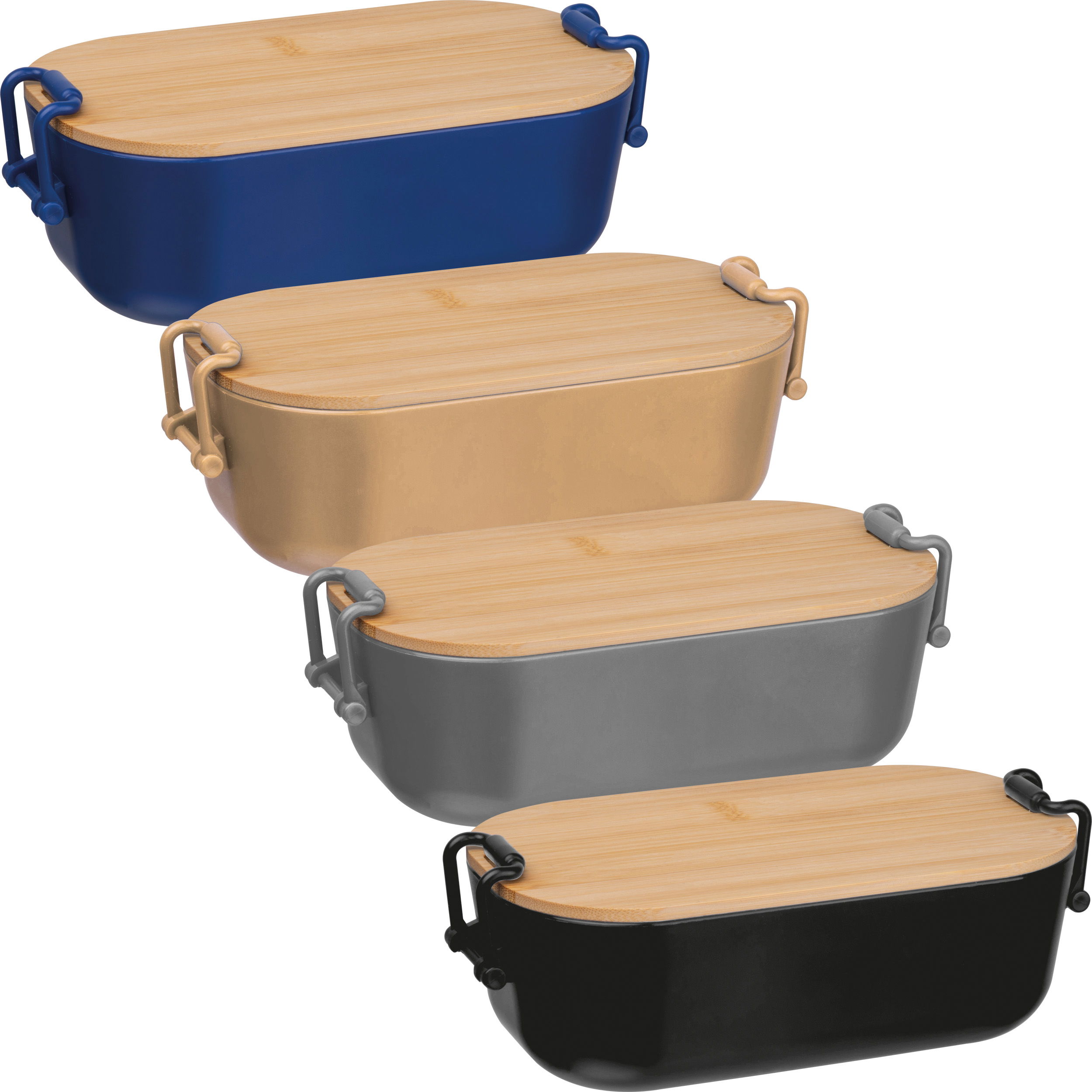 Lunchbox with bamboo lid and clamp closure.