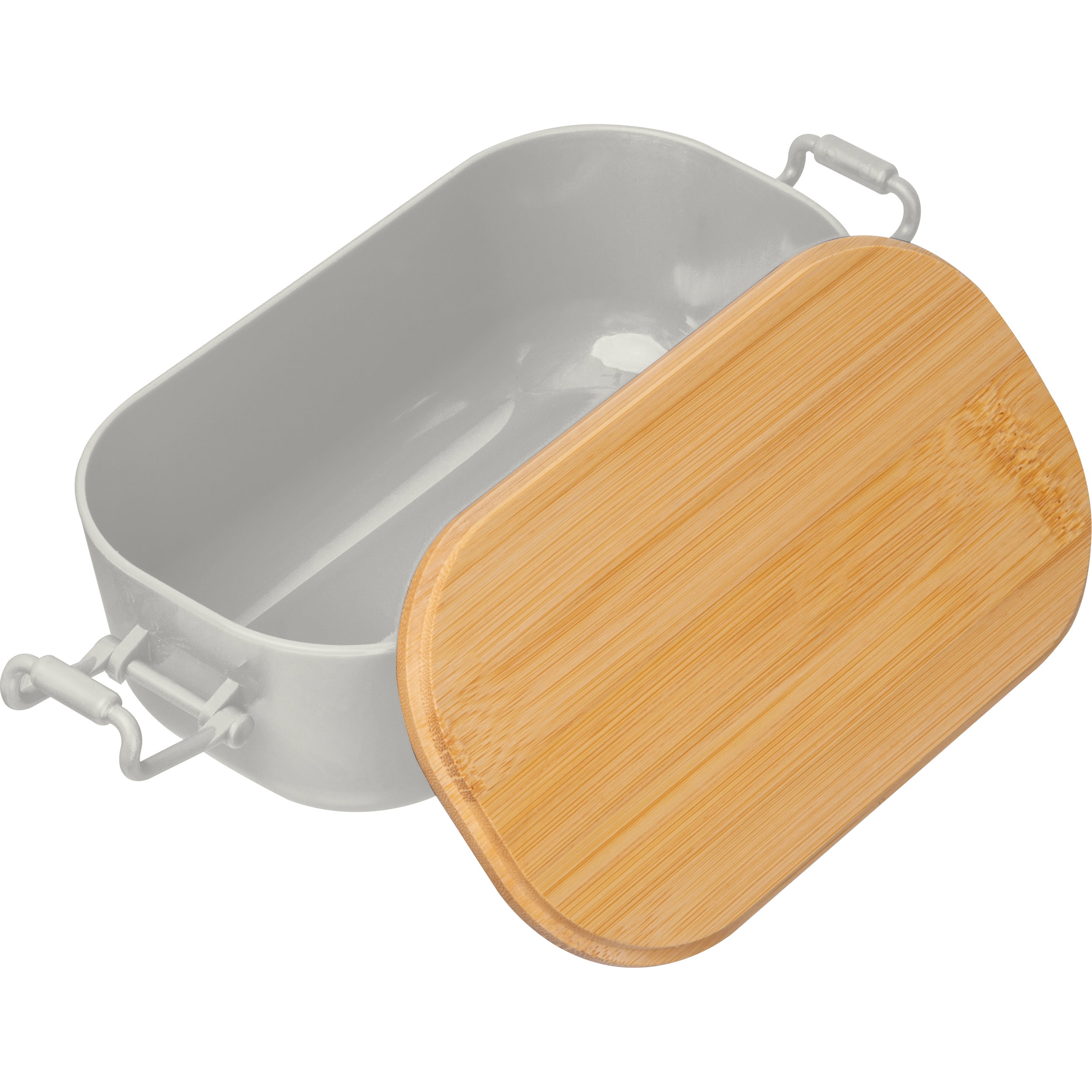 Lunchbox with bamboo lid and clamp closure.