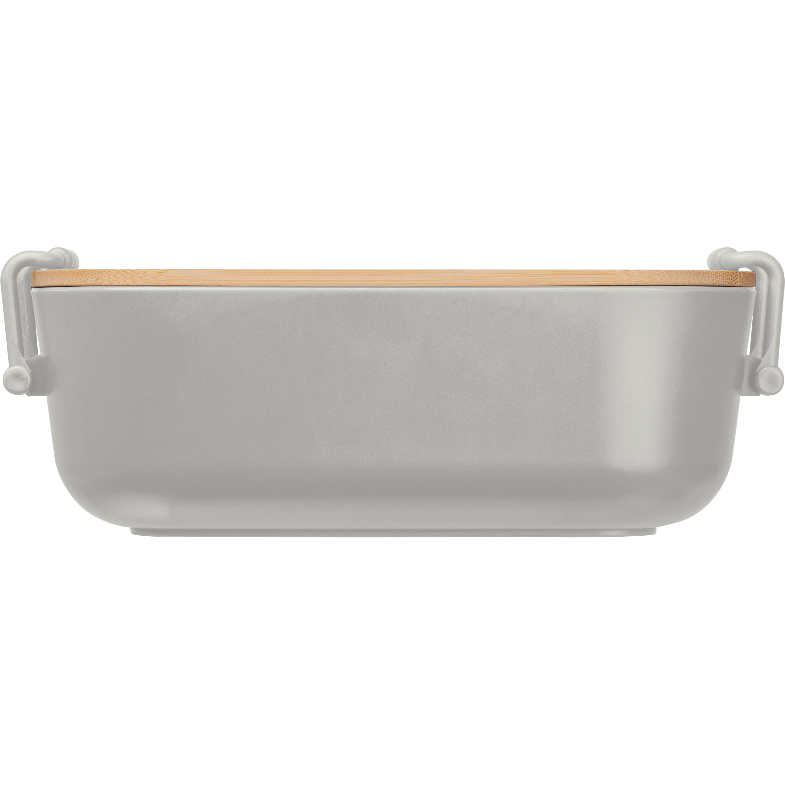 Lunchbox with bamboo lid and clamp closure.
