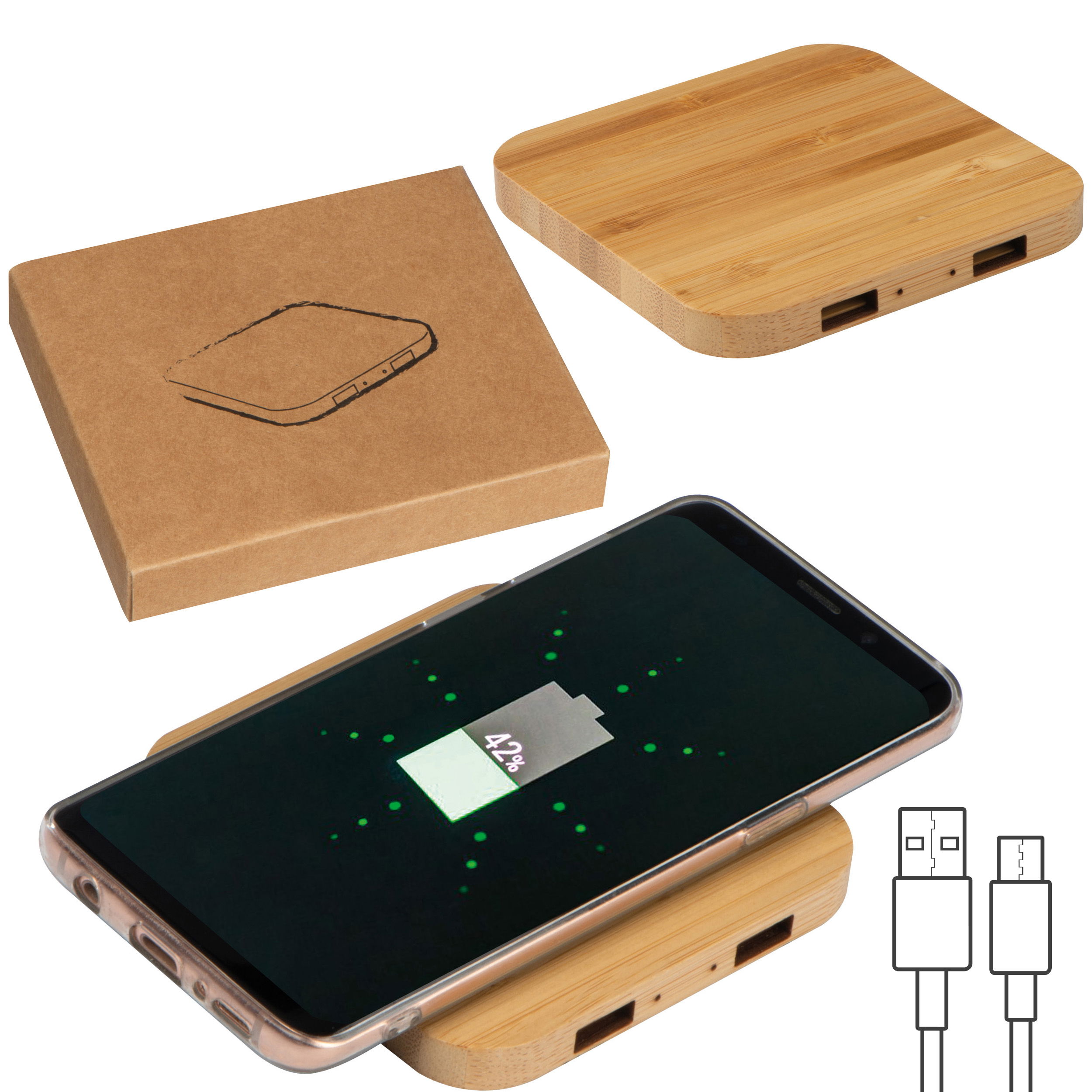Chargeur sans fil en bambou avec 2 Hubs USB