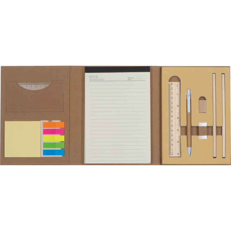Writing case with cardboard cover, ruler, writing pad and adhesive ...