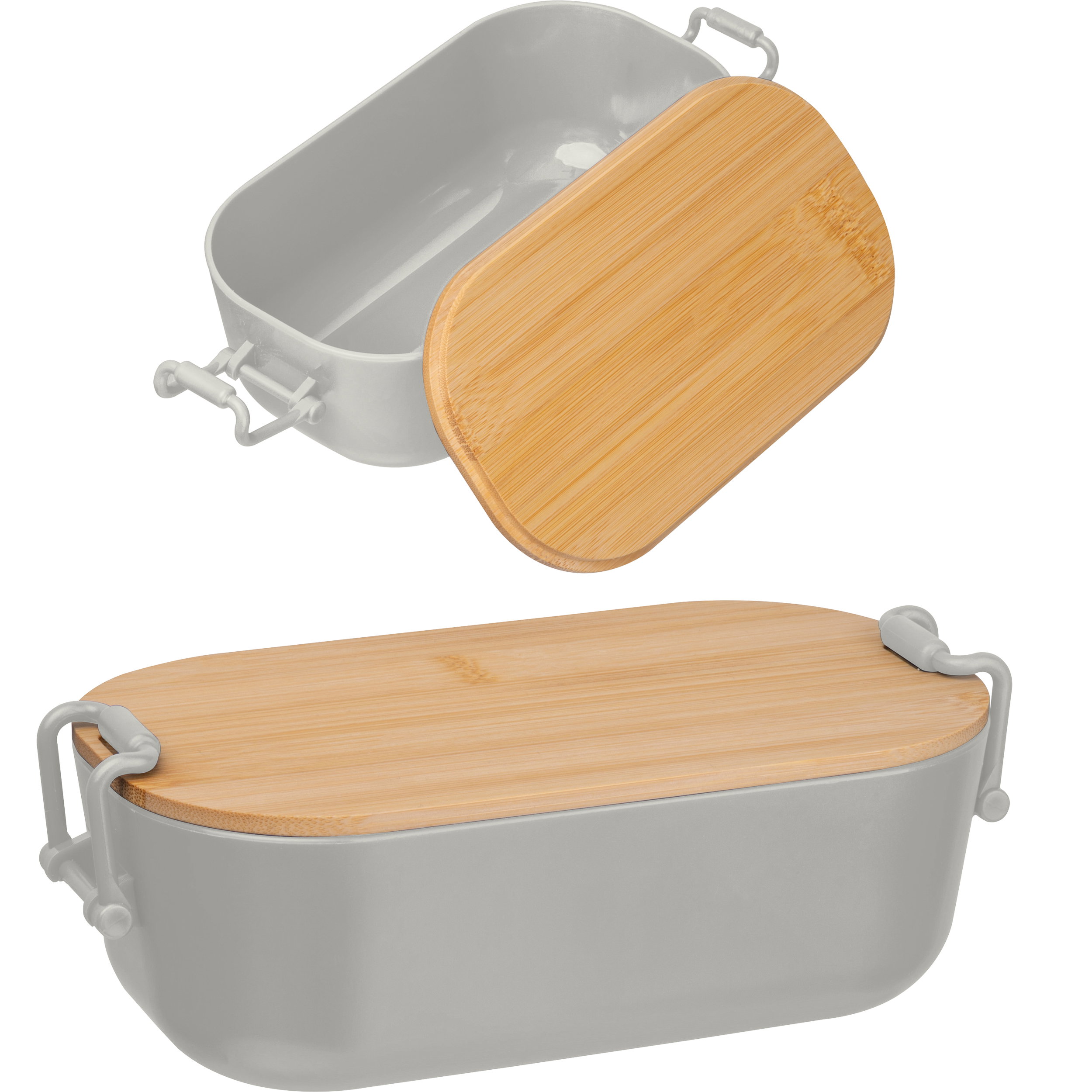 Lunchbox with bamboo lid and clamp closure.
