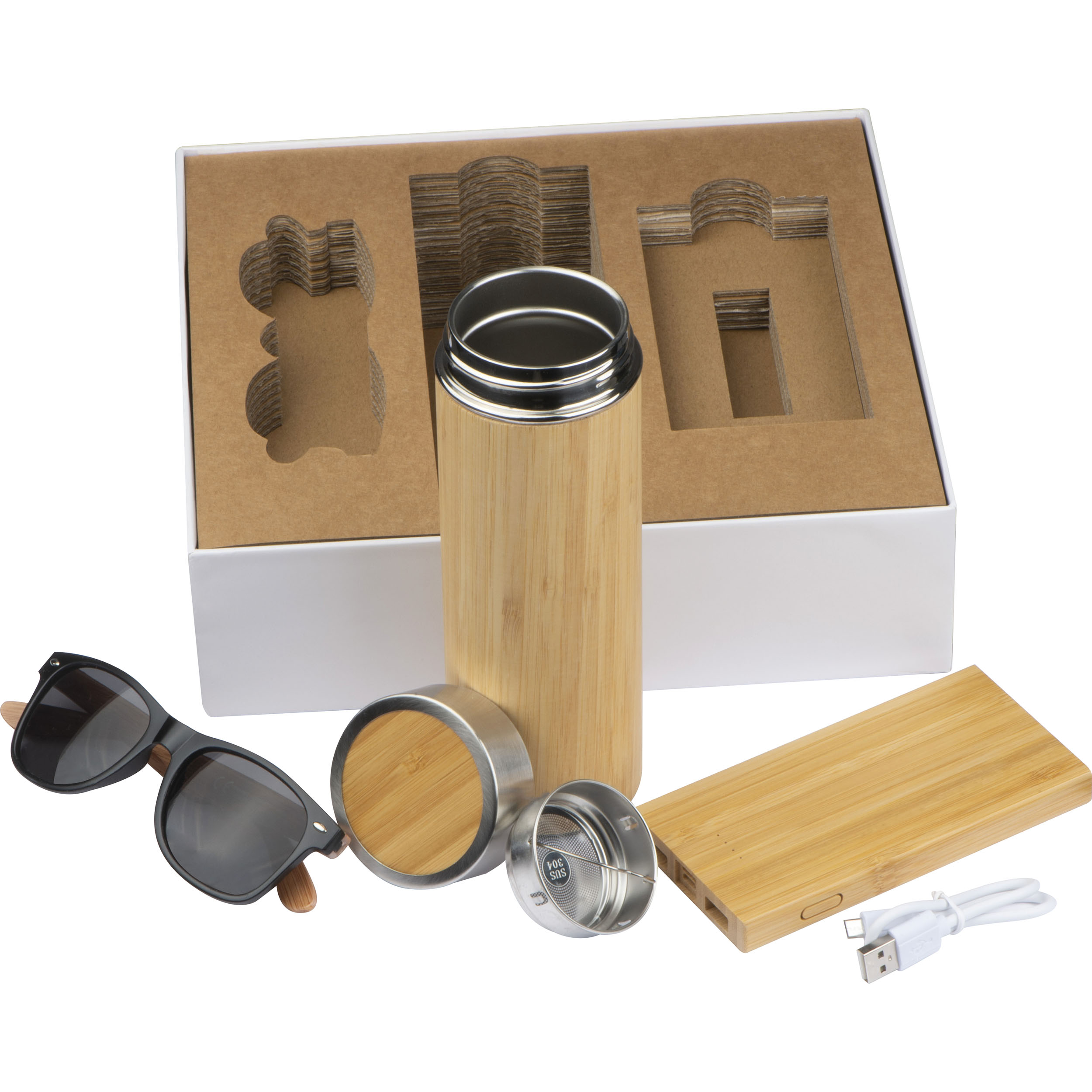 Set cadeau avec chargeur, tasse thermique et lunettes de soleil