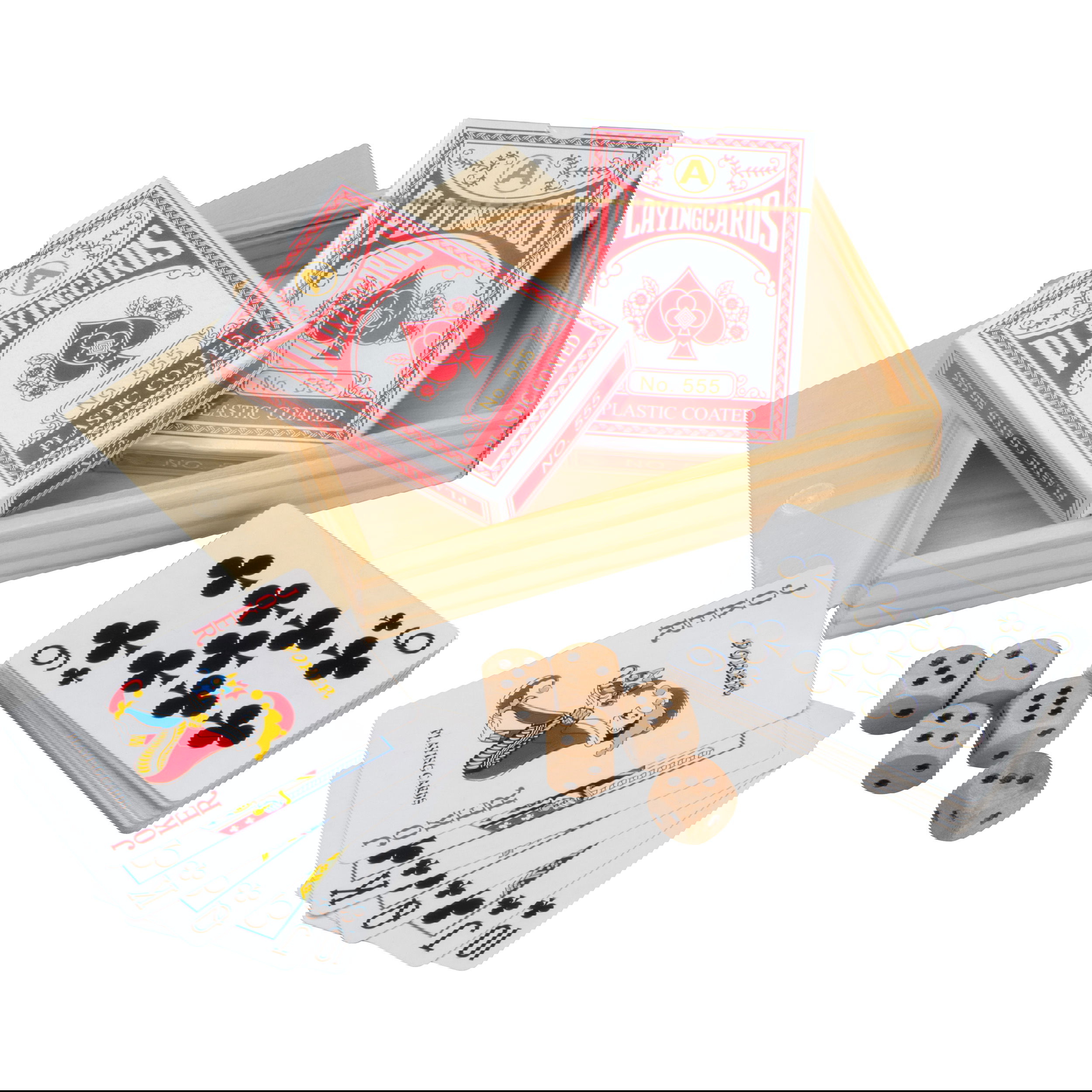 Cartes à jouer dans une boîte en bois avec dé